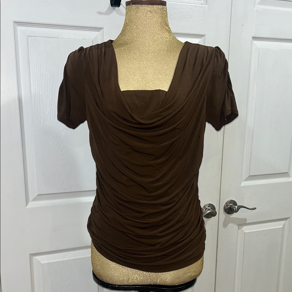 Brown Draped Short Sleeve Women's Top